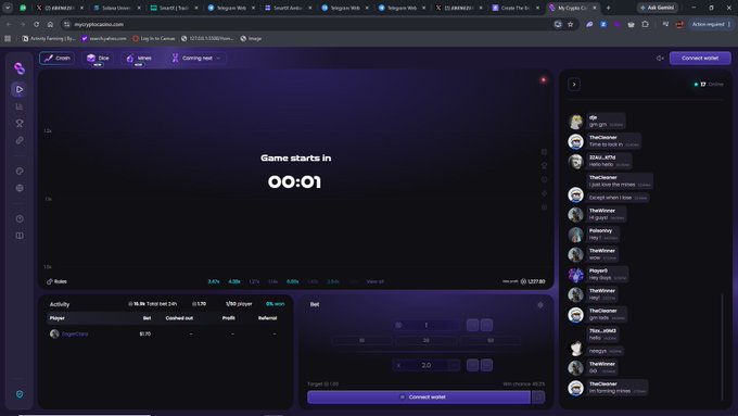 A screenshot of an online gaming/trading platform called 'Solana' showing a game countdown timer at '00:01', a chat sidebar with users, and an activity feed displaying 'AngelCielo' with a profit of $1.90.