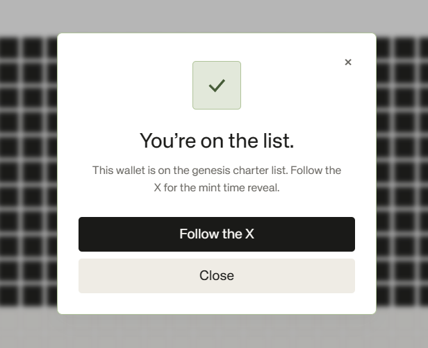 A popup with a checkmark confirms "You're on the list. This wallet is on the genesis charter list. Follow the X for the mint time reveal," linking the user's excitement ("i'm in, let's do this") to successfully registering for an upcoming mint event.