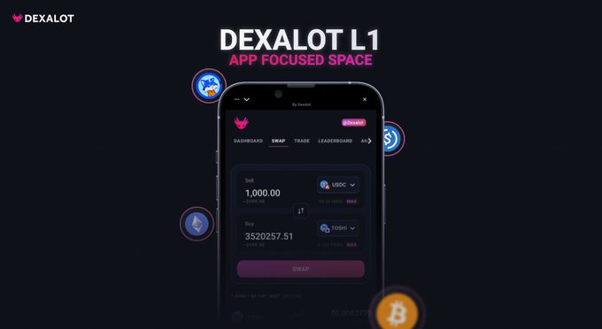 The image showcases Dexalot's mobile swap interface for trading USDC and TOSHI tokens, highlighting its "App Focused Space" branding. This visual supports the message by demonstrating Dexalot's native L1 application on Avalanche, designed specifically for seamless exchange operations.