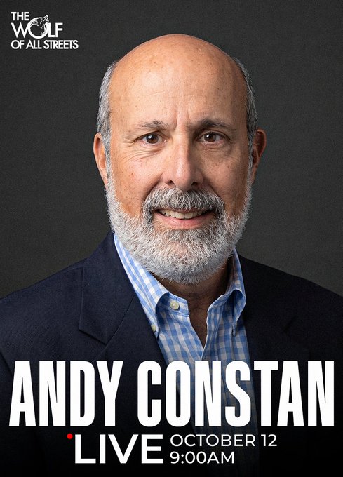 Promotional image for "The Wolf of All Streets" featuring Andy Constan, advertising a live discussion on October 12 at 9:00 AM covering Bitcoin's hold at $83K and Treasury Secretary Bessent's outlook, with a YouTube link in the original post.