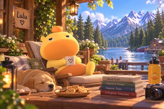 A whimsical 3D-rendered scene of a chubby yellow cartoon bear named 'Lulu' relaxing on a porch chair with a sleeping dog, cookies, and books titled 'Good Food', 'Peaceful Places', 'Happier Days', and 'A Brighter Tomorrow' against a mountain lake backdrop.
