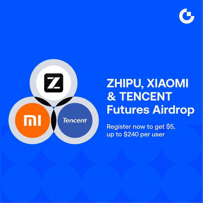 A blue promotional banner for a Zhipu, Xiaomi & Tencent Futures Airdrop offering $5 up to $240 per user.