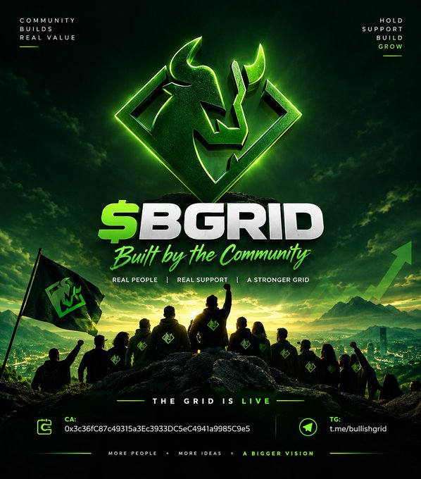 A promotional graphic for the **$BGRID** ("Bullish Grid") token, featuring a glowing green bull emblem above a silhouetted group of people holding a branded flag on a mountain overlook, with the tagline *"Built by the Community — Real People | Real Support | A Stronger Grid."* The image reinforces the post's message by visually emphasizing community ownership, showing participants as active members of the "Grid" movement rather than passive observers.