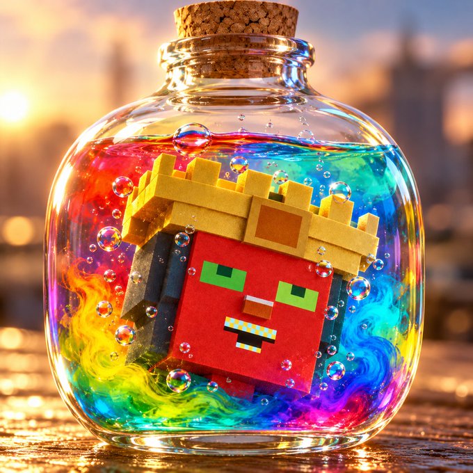 A glass jar sealed with a cork contains a vibrant, rainbow-colored swirling liquid with bubbles, inside of which floats a red, blocky, Minecraft-style character head with green eyes and a yellow crown.