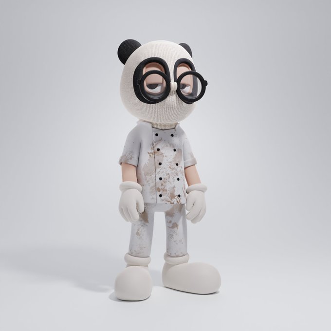 A 3D rendered character of a panda-headed figure wearing black round glasses, a stained white chef's coat, and white gloves, standing against a plain background.