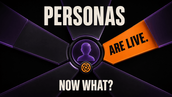 A promotional graphic announces "PERSONAS ARE LIVE. NOW WHAT?" in white and orange text against a dark background, featuring a central purple silhouette icon within a circular emblem and an orange Fusion AI logo, visually reinforcing the post's message about launching unique, individually-owned AI personas through dFusionAI and yanez__ai.