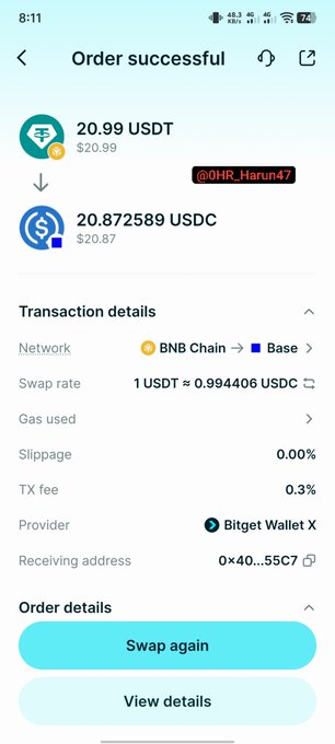 A successful cryptocurrency swap confirmation screen showing 20.99 USDT ($20.99) swapped to 20.872589 USDC ($20.87) via Bitget Wallet X on the BNB Chain to Base network.