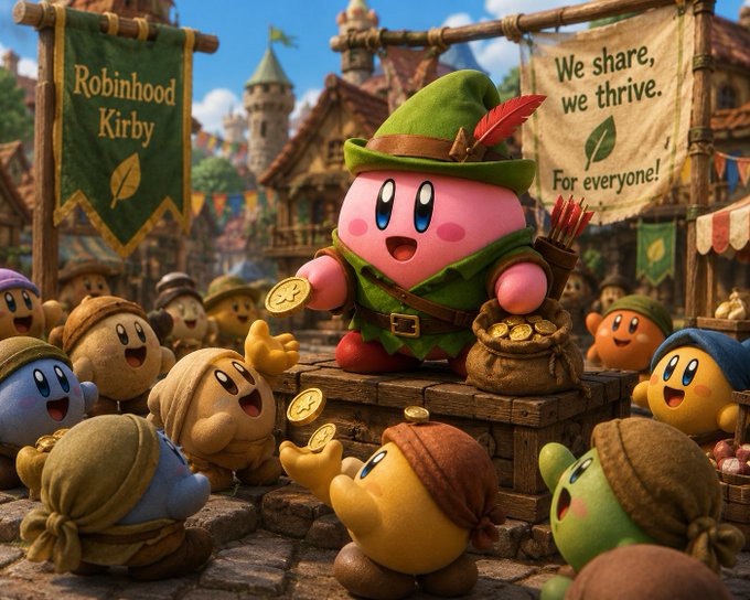 A digital illustration of a pink Kirby character dressed as Robin Hood in green attire, standing on a crate of gold coins and holding arrows, surrounded by other colorful Kirby characters, with banners reading 'Robinhood Kirby' and 'We share, we thrive. For everyone!'
