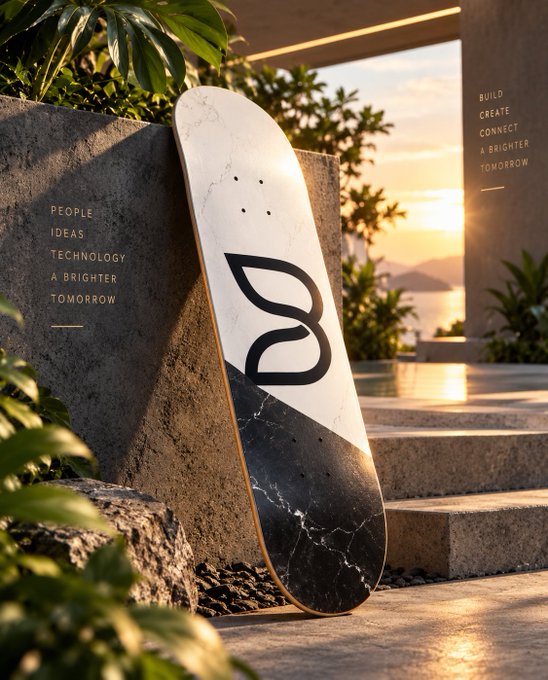 A skateboard with a marble-patterned design leans against a concrete wall in a luxurious outdoor setting at sunset, featuring gold text reading "PEOPLE IDEAS TECHNOLOGY A BRIGHTER TOMORROW" and "BUILD CREATE CONNECT A BRIGHTER TOMORROW."
