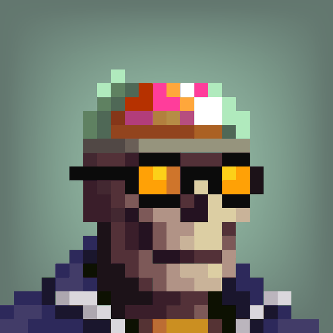 A pixel art portrait of a character with colorful hair (green, red, pink) wearing dark sunglasses and dark clothing against a teal background.