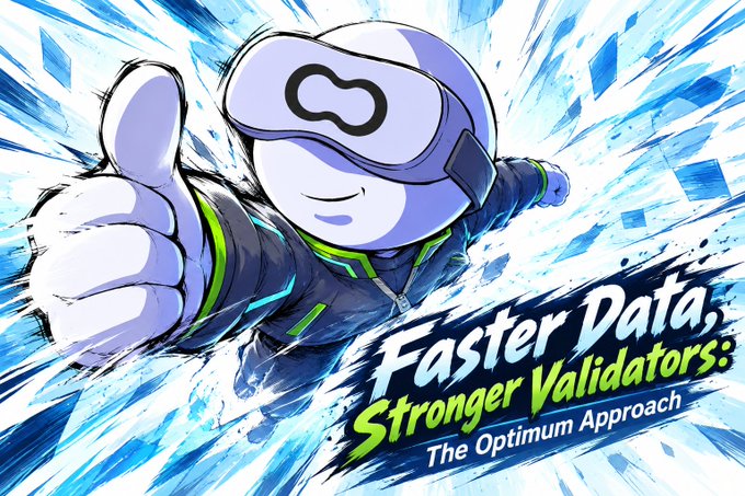 Promotional banner with an anime-style VR character giving a thumbs up, displaying the text 'Faster Data, Stronger Validators: The Optimum Approach'.