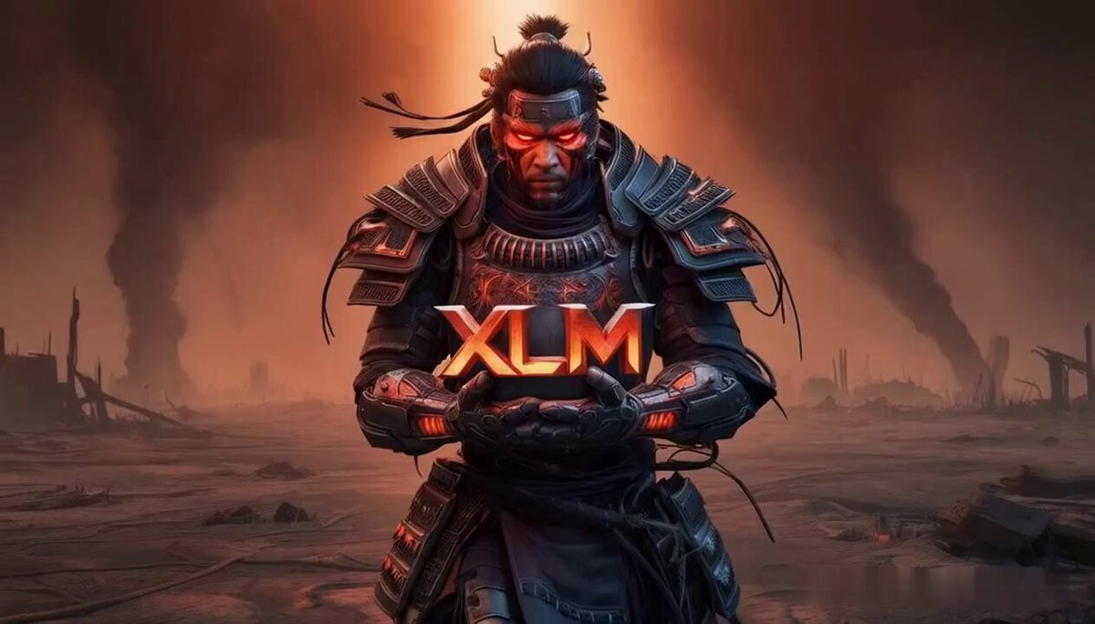 The image features a man dressed as a warrior with a sword and shield, holding up a large XLM sign. The background of the image shows a desert or arid landscape with smoke rising from the ground. There are also other signs visible in the scene that read "FXC Intelligence" and "Focus on what is in the image". This suggests that the image might be related to a post about financial institutions, possibly discussing the XLM currency or its impact on the global economy.