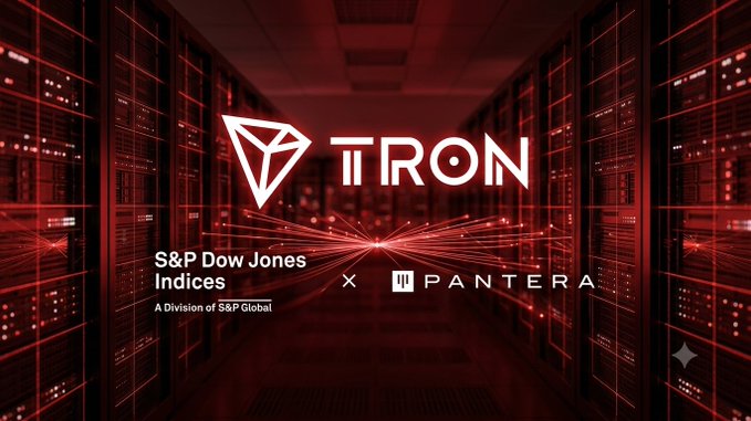 The image features the TRON logo and name prominently centered in red, displayed against a dark server room backdrop with glowing red data lines, alongside the logos of S&P Dow Jones Indices and Pantera Capital, visually announcing TRX's inclusion in their new Protocol Revenue digital asset index as noted in the post.