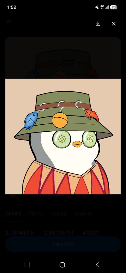 A mobile app screenshot showing an NFT artwork of a cartoon bird character wearing a fishing hat with lures and cucumber slices over its eyes, priced at 2.78 WETH / 2.86 WETH for item #4201.