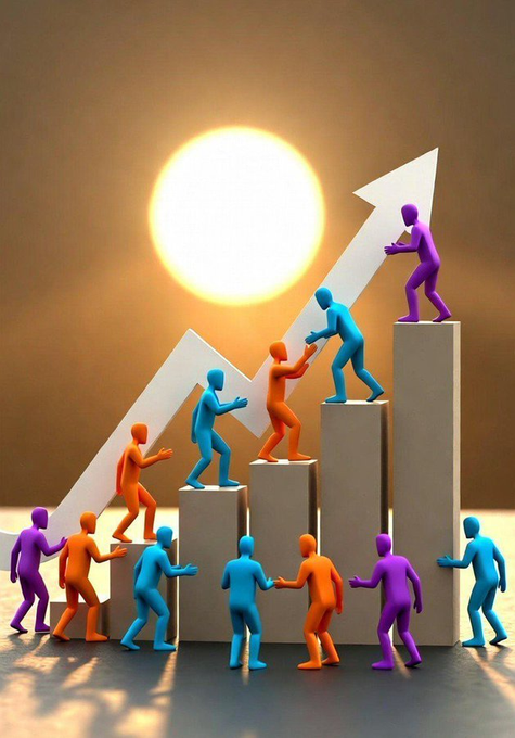 A 3D rendered illustration of colorful humanoid figures climbing ascending blocks toward an upward arrow and a glowing sun, symbolizing growth and progress.