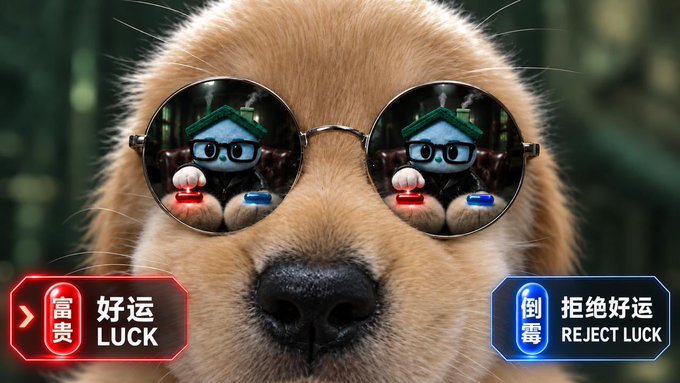 A close-up of a golden retriever's face wearing round sunglasses that reflect a blue character, with Chinese text buttons reading '富贵 好运 LUCK' (red) and '倒霉 拒绝好运 REJECT LUCK' (blue).