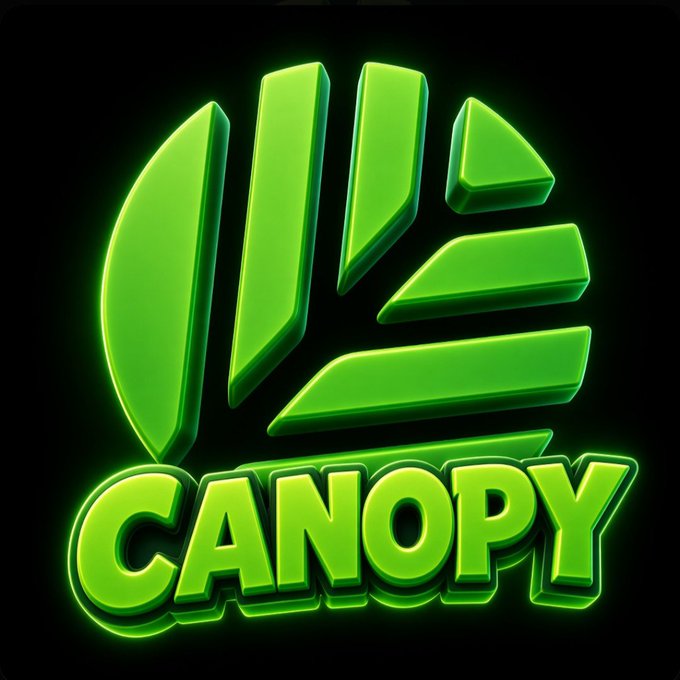 A bright green 3D logo for "CANOPY" featuring stylized geometric leaf shapes against a black background.