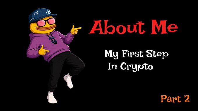 An 'About Me' slide titled 'My First Step In Crypto - Part 2' featuring a dancing 3D character wearing a purple hoodie, cap, and sunglasses on a black background.