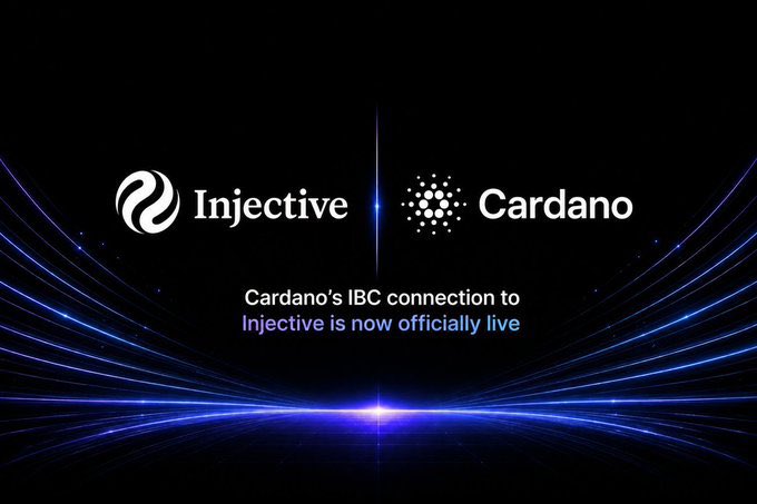 A promotional graphic announcing 'Cardano's IBC connection to Injective is now officially live,' featuring the Injective and Cardano logos side-by-side against a dark background with blue light streaks.