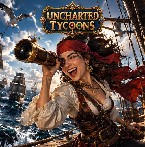 A vibrant game cover titled 'UNCHARTED TYCOONS' features a pirate woman with a red bandana laughing as she peers through a brass telescope, with sailing ships and seagulls in the background.