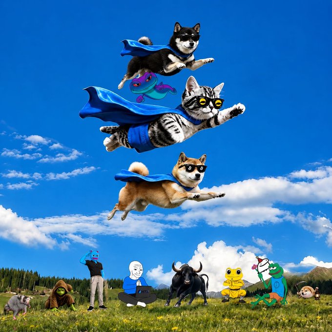 A whimsical digital artwork featuring superhero-caped animals (Shiba Inu and cats) flying through a blue sky above a field of various internet meme characters including Pepe, Doge, and a wizard figure.
