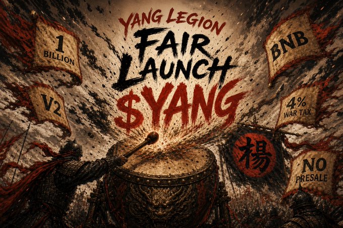 A dramatic promotional graphic for the "Yang Legion" featuring a warrior figure striking a large drum, with text highlighting "Fair Launch," "$YANG," "1 BILLION," "V2," "BNB," "4% War Tax," and "No Presale," along with a Chinese character symbol.