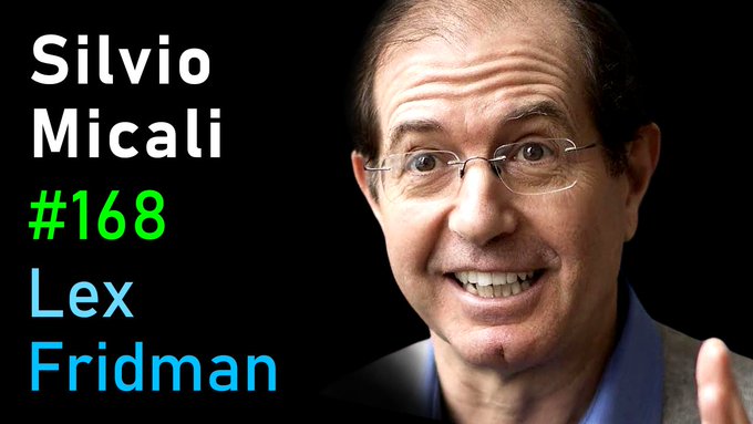 A thumbnail-style image featuring Silvio Micali smiling and pointing, with text reading 'Silvio Micali #168 Lex Fridman' on a black background.