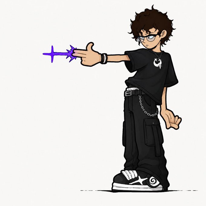 A cartoon illustration of a character with curly brown hair, glasses, and a black outfit pointing forward with a hand that emits a purple energy blast.
