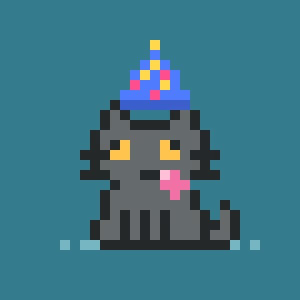 A pixel-art gray cat with yellow eyes and a pink tongue sticking out wears a blue party hat with colorful squares, sitting against a solid teal background.