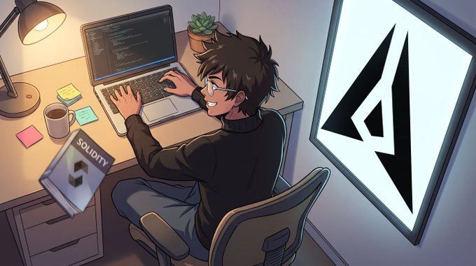 An anime-style illustration shows a smiling young man with glasses coding on a laptop at a desk, with a Solidity programming book nearby and a large Angular logo displayed on a monitor to the right.