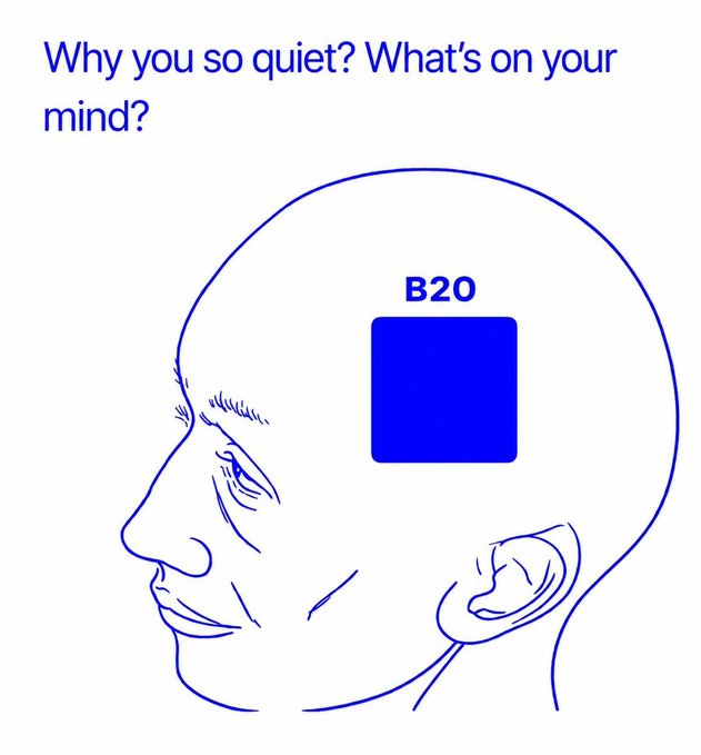 A line drawing of a bald person's head in profile contains a blue square labeled 'B20' inside, with text asking 'Why you so quiet? What's on your mind?'