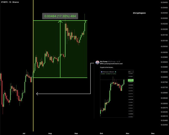 A financial chart of ETH/BTC on Binance shows a price movement highlighted by a green box with text "0.00484 (17.30%) 484," and an embedded tweet from @crypto_goos showing a trading call for Ethereum/Bitcoin.