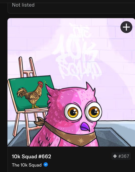 A pink cartoon parrot with a surprised expression stands in front of an easel displaying a rooster painting, with graffiti text reading "THE 10K SQUAD" on the wall behind it. The image is a preview from a digital collectible collection titled "10k Squad #662" by "The 10k Squad," which aligns with the post discussing hand-drawn NFT collections and the anticipation surrounding a hatch event.