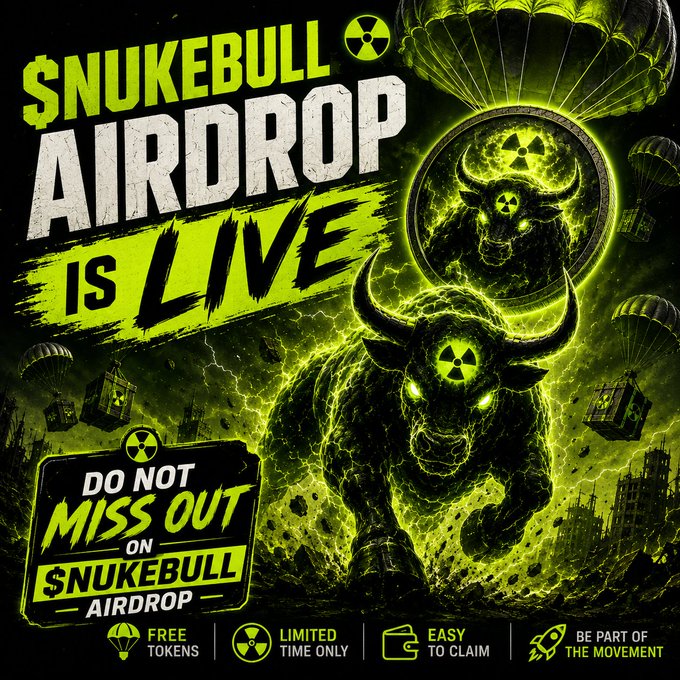 A neon-green promotional graphic for the “$NUKEBULL AIRDROP” features a radioactive bull and parachuting supply crates, with text including “IS LIVE,” “DO NOT MISS OUT,” and “FREE TOKENS · LIMITED TIME ONLY · EASY TO CLAIM · BE PART OF THE MOVEMENT.” It promotes the accompanying $500,000 $NUKEBULL Solana airdrop, claiming every eligible wallet receives 100,000 $NUKEBULL.