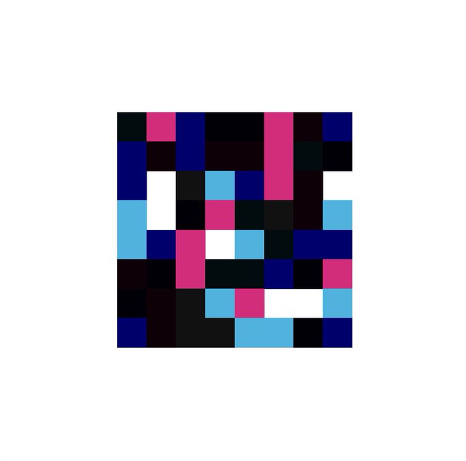 An abstract pixelated grid in colors of black, pink, blue, and teal, with no visible text or numbers, illustrates the pixel-art style characteristic of Jack Butcher's "Credit" NFT series being flipped for profit. The minimalist mosaic complements the post about a quick $80 profit from trading the piece on XMoney.