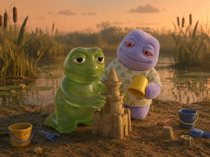 Two gummy-like characters, one green and one purple, build a sandcastle at sunset by a marshy lake with buckets and molds scattered around.