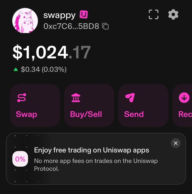 A crypto wallet screenshot displays the "swappy" token (wallet address starting with 0xc7C6...5BD8) with a balance value of $1,024.17 (up $0.34 or 0.03%), alongside action buttons for Swap, Buy/Sell, Send, and Receive, plus a banner promoting "Enjoy free trading on Uniswap apps," supporting the post's claim of buying the $swappy token positioned as a potential Uniswap mascot candidate.