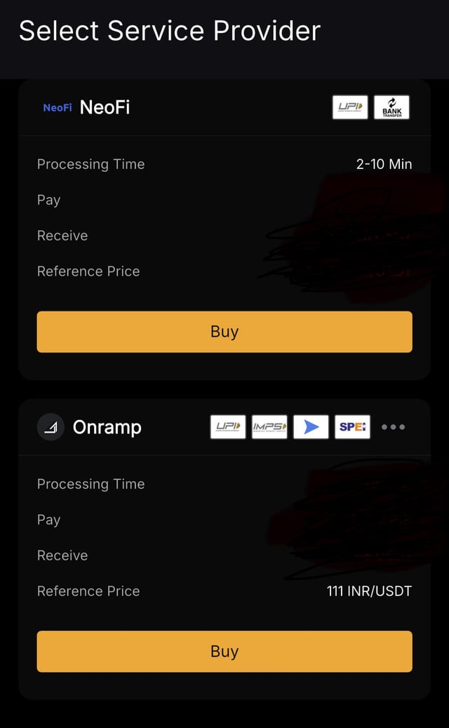 The image shows a cell phone screen displaying two options for a service provider, Neofi and Onramp. Both providers are listed with their respective prices and payment methods. The user has the option to either select one of these services or make a deposit into another account using the provided link in the post.