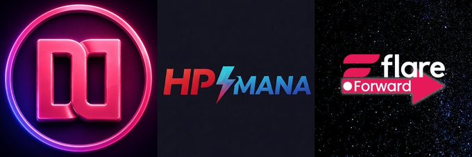 A horizontal banner displays three logos side-by-side: a stylized pink 'DO' inside a neon ring, the text 'HP⚡MANA', and the 'Flare Forward' emblem with a pink arrow.
