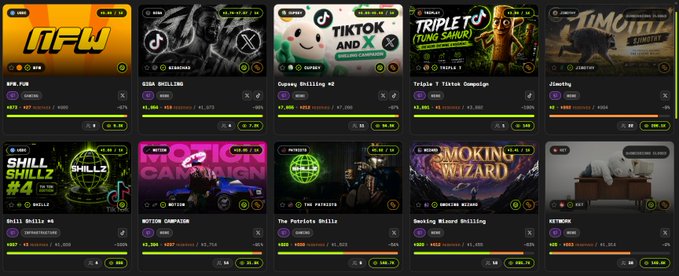 A screenshot of various crypto and NFT project cards with names including 'LOFLY', 'EDSK BUILDING', 'Ouroy Drilling', 'TRIPLE T', 'TIMELITH', 'SHILL', 'SOTON CAMPAIGN', 'The Patriotic Bulls', 'MOKING WIZARD', and 'KETHERS'.