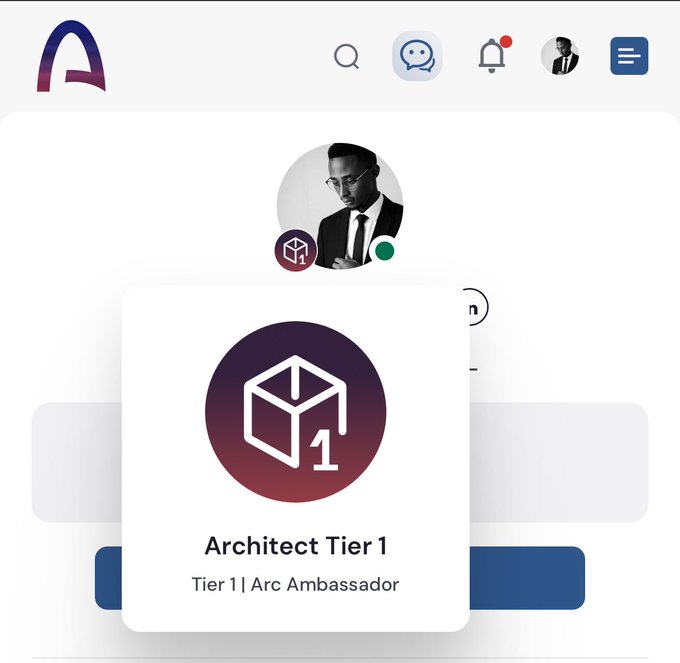 A mobile app screen shows a user profile with an 'Architect Tier 1' badge labeled 'Tier 1| Arc Ambassador' displayed as a pop-up.