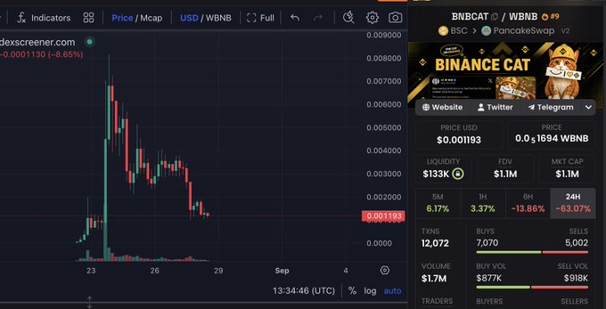 A cryptocurrency price chart for BNBCAT/WBNB token showing a dramatic price collapse from approximately $0.0080 to $0.001193 (-8.65% with -63.07% in 24H), with market cap of $1.1M and liquidity of $133K on PancakeSwap, illustrating the steep 8x drop from its all-time high referenced in the post about the Binance Cat token being heavily chased.