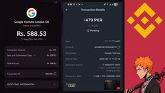 A Binance interface showing 'Google YouTube Limited Gift Cards' priced at Rs. 588.53 alongside a 'Transaction Details' panel and a character from Bleach.