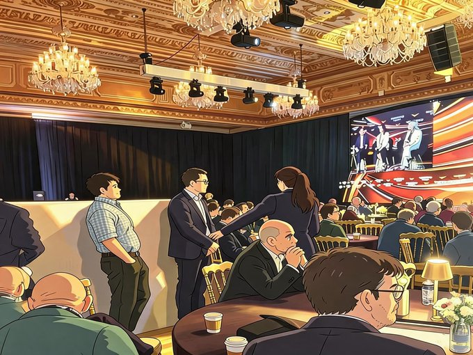 An anime-style illustration depicts a crowded, upscale event or conference held in a room with ornate chandeliers, where attendees sit at round tables facing a stage with a large screen.