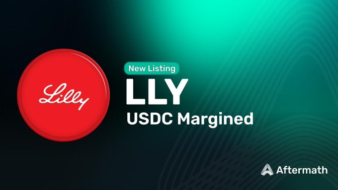 A promotional graphic announcing the new listing of LLY (Eli Lilly) USDC-margined perpetuals on Aftermath, featuring the iconic red Lilly logo alongside the "New Listing," "LLY," and "USDC Margined" text—visually reinforcing the post's announcement that traders can long or short $LLY perps with up to 5x leverage on the platform.