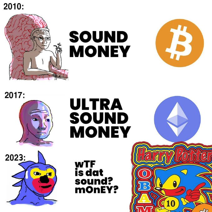 A meme contrasting cryptocurrency evolution: 2010 'SOUND MONEY' (Bitcoin) with a wojak meme, 2017 'ULTRA SOUND MONEY' (Ethereum) with a soyjak meme, and 2023 'wTF is dat sound? mOnEY?' with a degenerate soyjak and Harry Potter 'Obamium' reference.