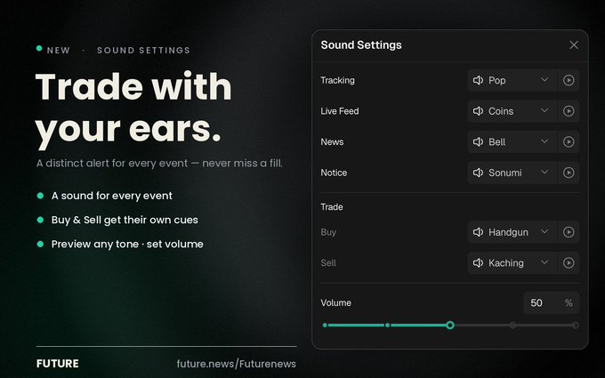 A promotional graphic for "Trade with your ears" sound settings, showing customization options for different event alerts with tones like "Pop," "Coins," "Bell," "Sonumi," "Handgun," and "Kaching."