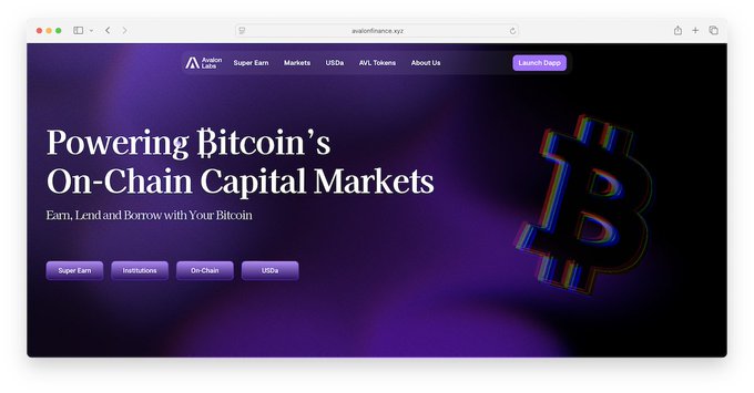 A website screenshot for 'avaxfinance.app' with the headline 'Powering Bitcoin's On-Chain Capital Markets' and a large stylized Bitcoin logo on a purple background.