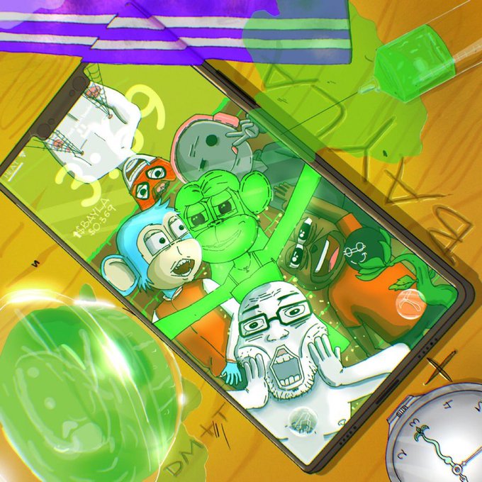 A digital illustration displayed on a tablet features a group of colorful cartoon characters, including a green dinosaur-like figure and a screaming man in glasses, surrounded by a vibrant collage of memetic imagery. Japanese text "はやぶさ4と妹" is visible on the screen, and the artist "CreativeYo" is tagged in the post, who is being tipped 10% of a $369 purchase of the $BAYLA token via @bankrbot.