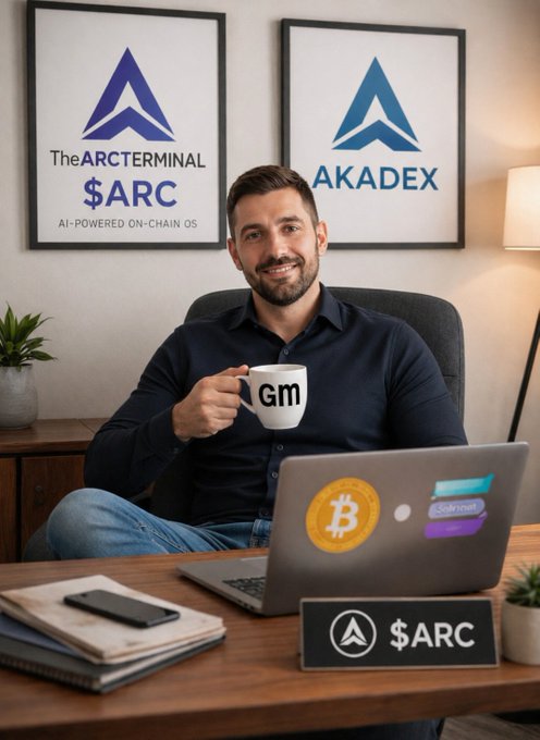 A smiling man in a blue shirt holds a 'GM' coffee mug while sitting with a Bitcoin-stickered laptop, with 'The ARCTERMINAL $ARC AI-Powered On-Chain OS' and 'AKADEX' framed posters behind him and a $ARC desk plaque in front.